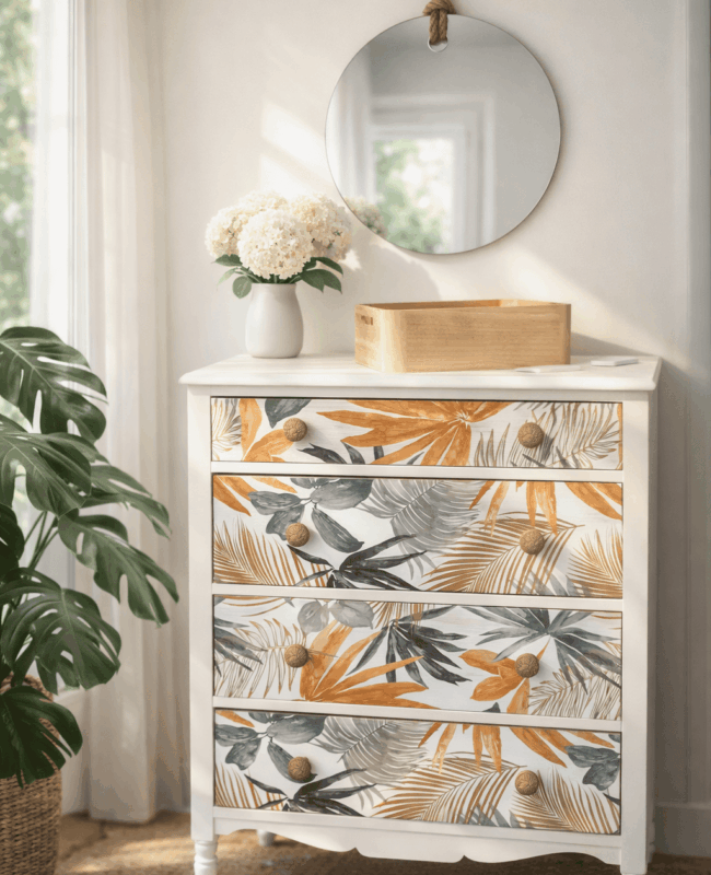 Commode blanche et fleurie avec miroir rond