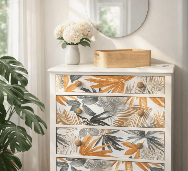 Commode blanche et fleurie avec miroir rond