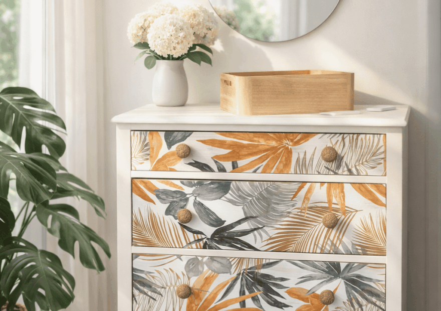 Commode blanche et fleurie avec miroir rond