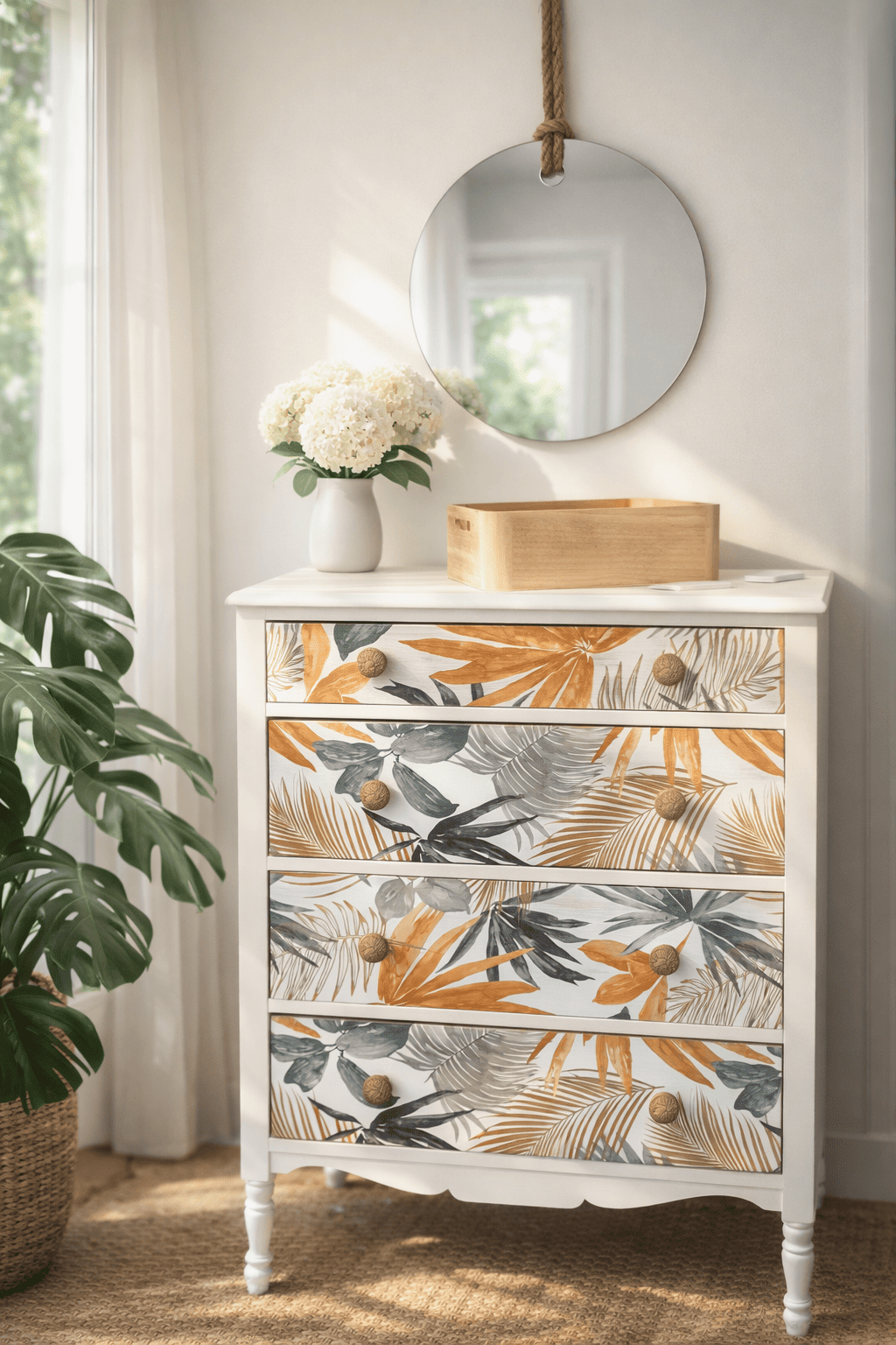 Commode blanche et fleurie avec miroir rond