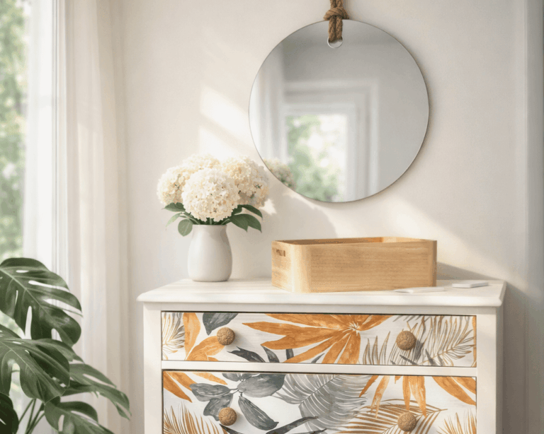 Commode blanche et fleurie avec miroir rond - format paysage