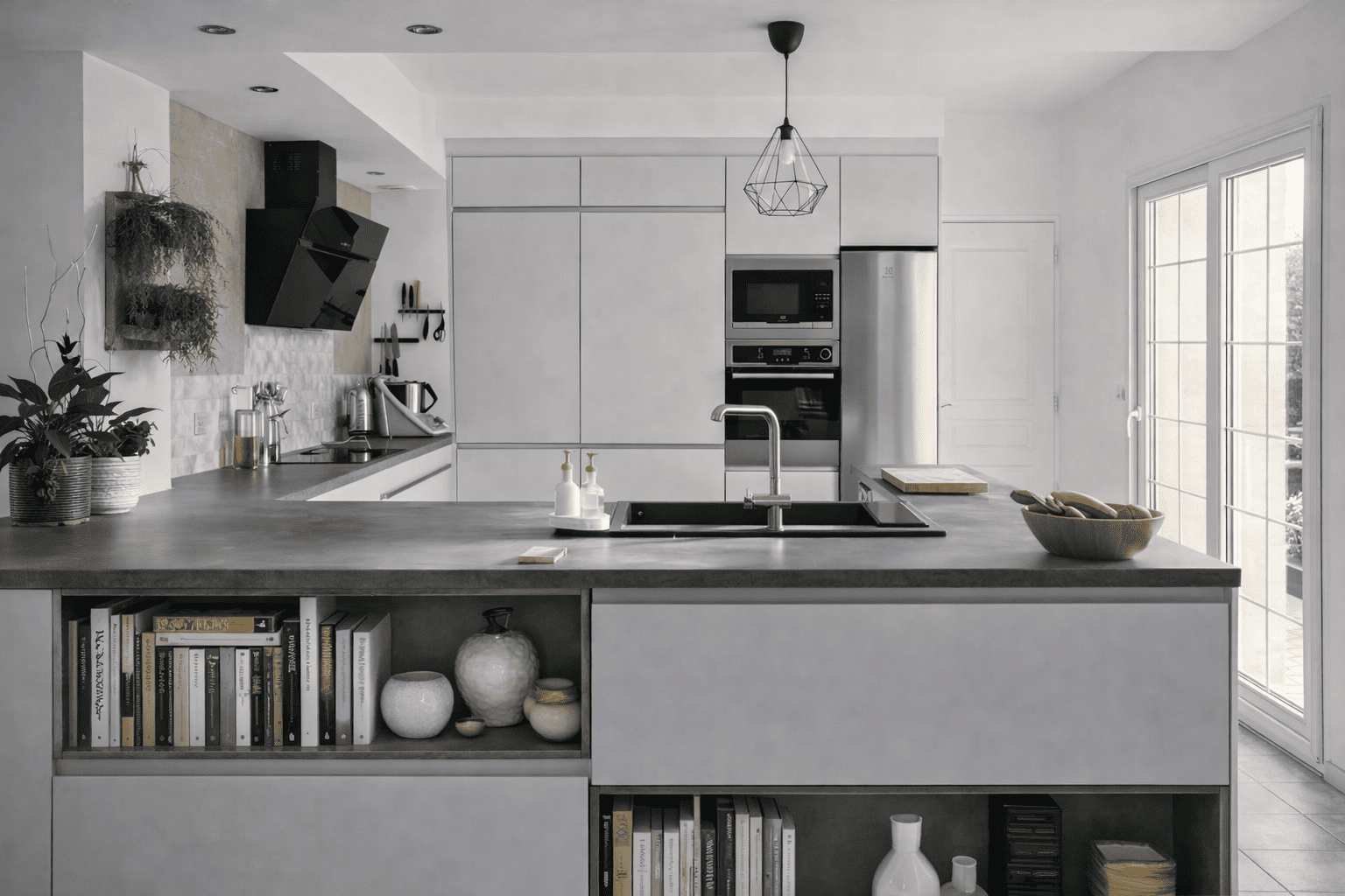 Aménagement cuisine épurée teintes soie et gris foncé vue complète