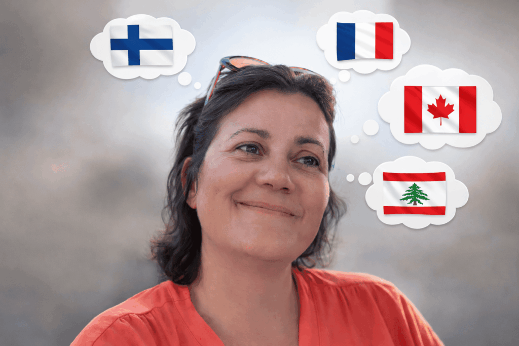 Portrait Alix ROUTIER + drapeaux français, finlandais, canadien et libanais