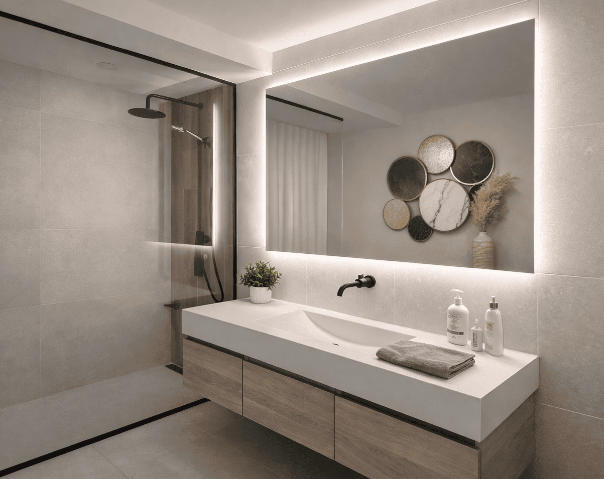 Aménagement salle de bain moderne épurée avec meuble vasque et douche à l'italienne