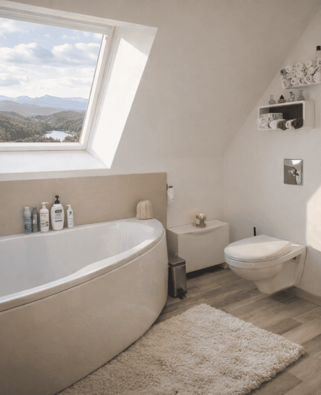 Aménagement salle de bain sous rampant avec baignoire d'angle