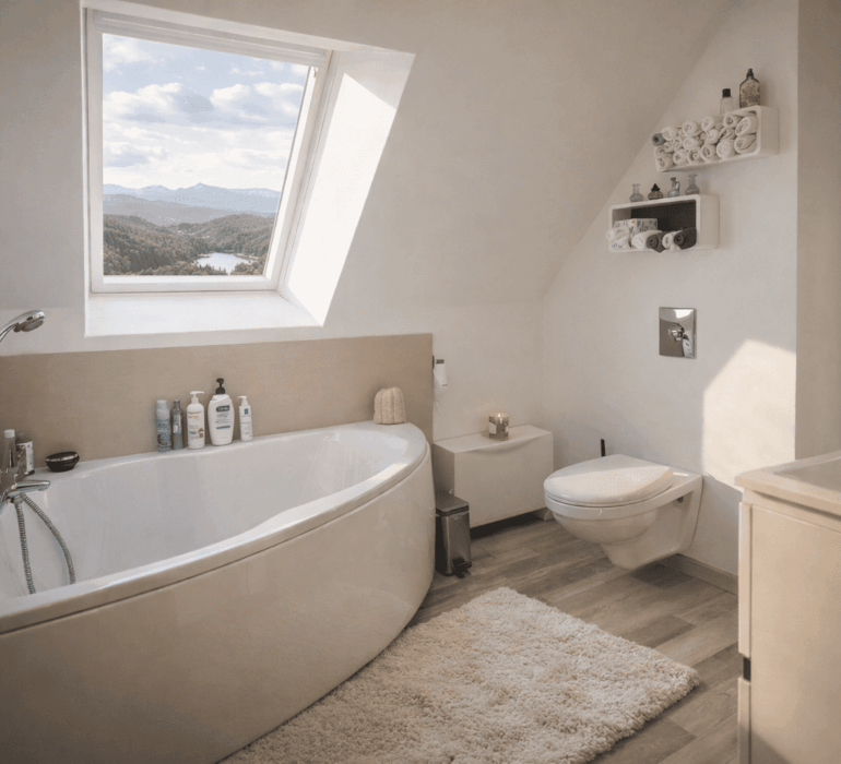 Aménagement salle de bain sous rampant avec baignoire d'angle