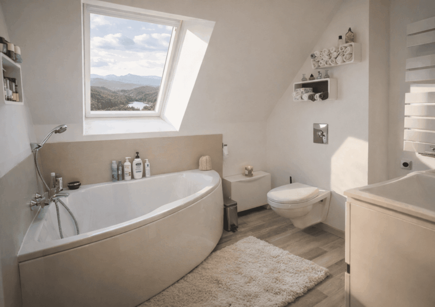 Aménagement salle de bain sous rampant avec baignoire d'angle