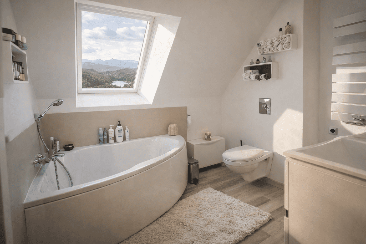 Aménagement salle de bain sous rampant avec baignoire d'angle