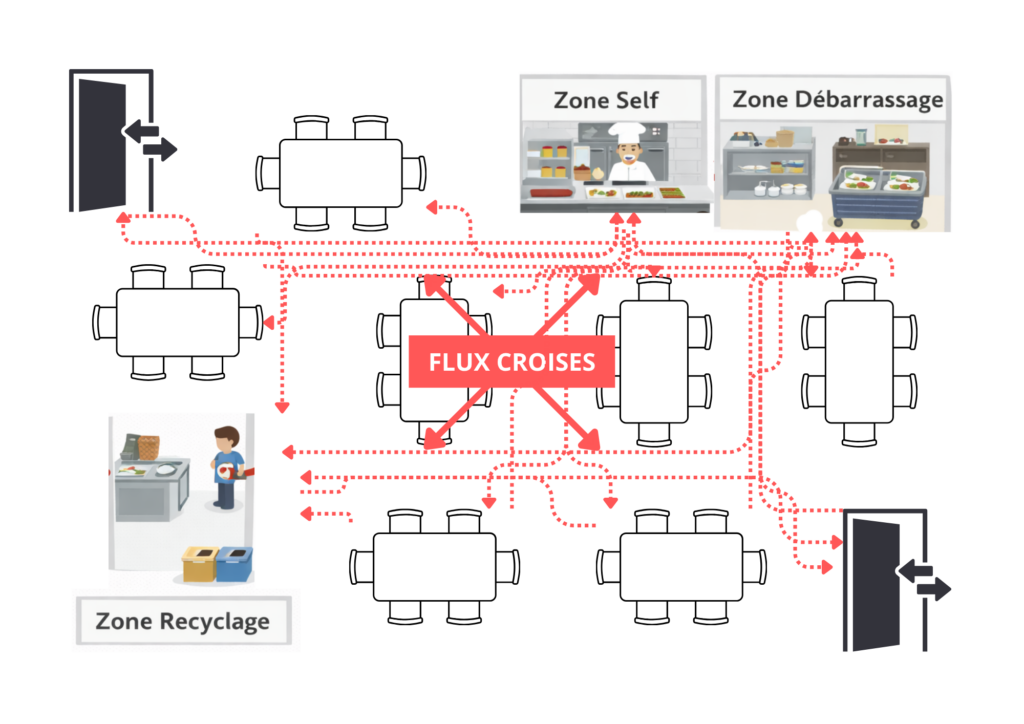 Schéma circulation espace cantine école flux usagers problématique