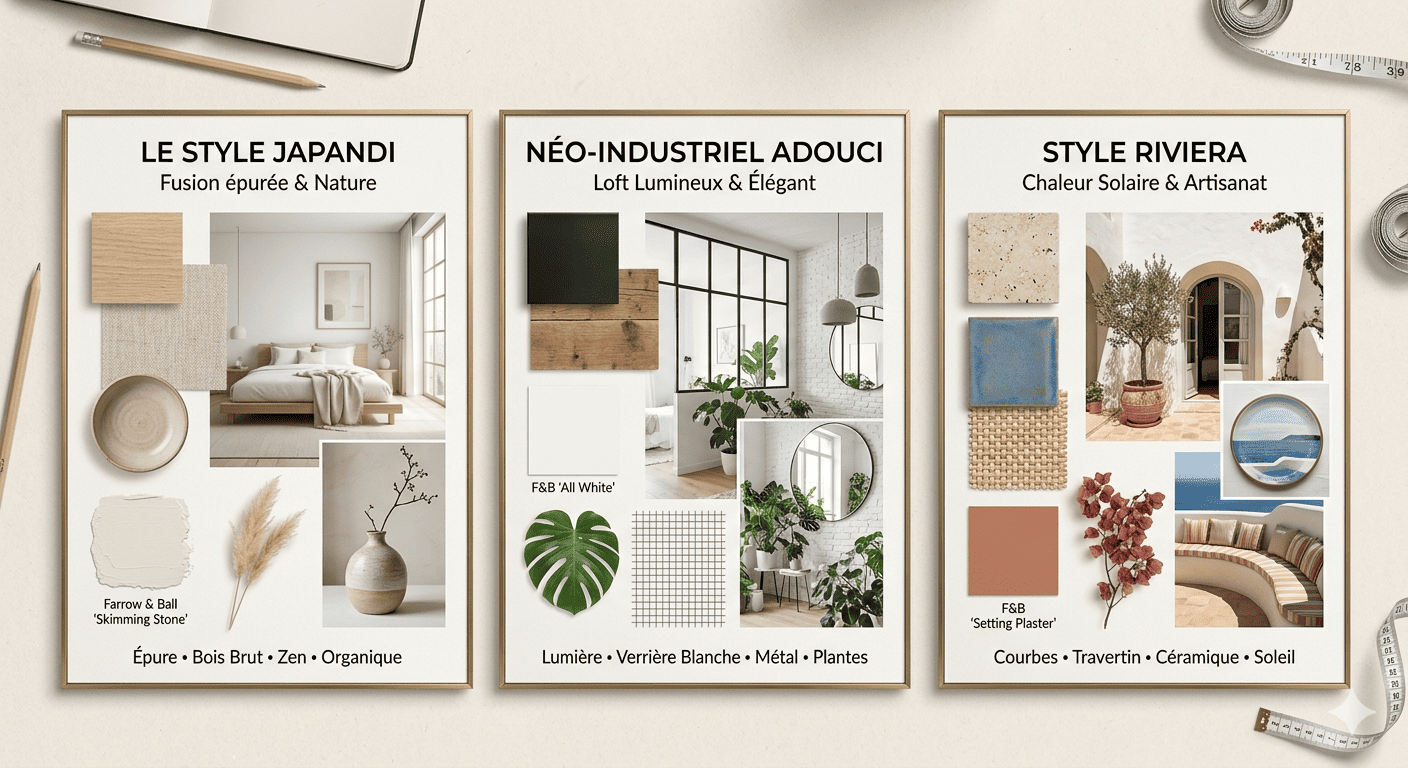 Mini-moodboard 3 tendances déco pour location meublée