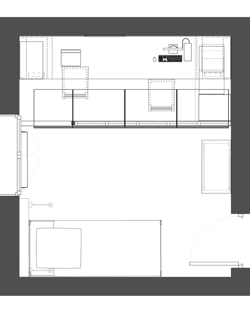 Plan 2D d'aménagement d'une chambre d'amis et bureau