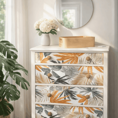 Commode blanche et fleurie avec miroir rond Commode blanche et fleurie avec miroir rond