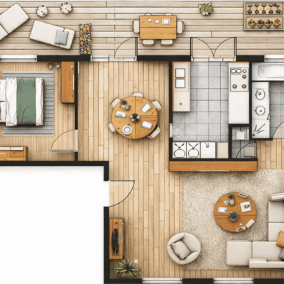 Plan d'aménagement couleur d'un appartement avec terrasse Plan d'aménagement couleur d'un appartement avec terrasse