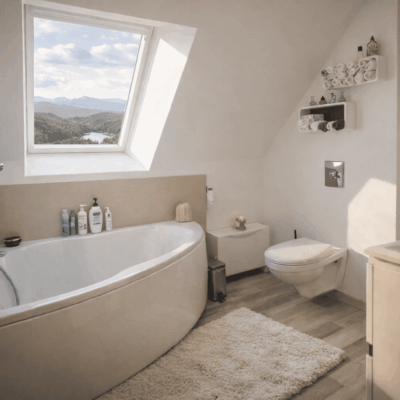 Aménagement salle de bain sous rampant avec baignoire d'angle Aménagement salle de bain sous rampant avec baignoire d'angle