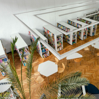 Agencement optimisé médiathèque vue de dessus Agencement optimisé médiathèque vue de dessus